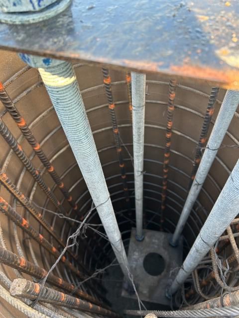 Rebar reinforcement cage inside a tower foundation caisson